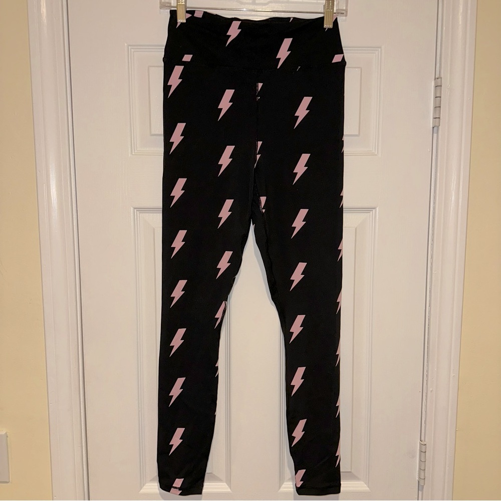 Spiritual Gangster Black Leggings with Pink Lightning Bolts